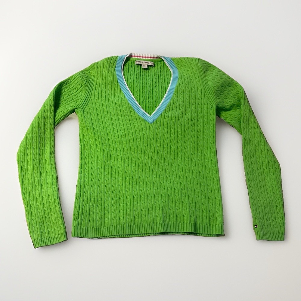 VTG Tommy Hilfiger Women's Cable Knit V-Neck Tennis Sweater LS Small Lime Green